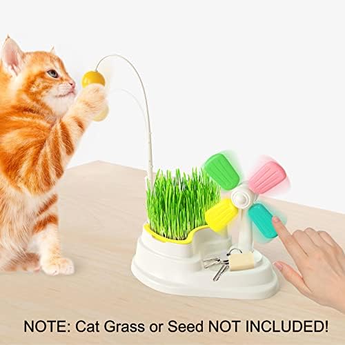 Brinquedos de bola de gato para recipiente interativo de cultivo de grama de grama de brinquedos de gato, Kitty fornece brinquedos de gato de alívio do gato, envasamento de grama de gato, varinha de gato de 3 em 1, bolas de brinquedo, moinho de vento para gatos