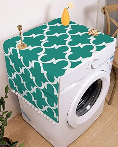 Tampa geométrica de microondas Tampa anti-deslizamento Pano à prova de óleo de poeira com 4 bolsos de armazenamento Polyester Kitchen Toaster Appliance Refrigerator Protector 28 x67, azulejo marroquino Minimalista moderna de teal