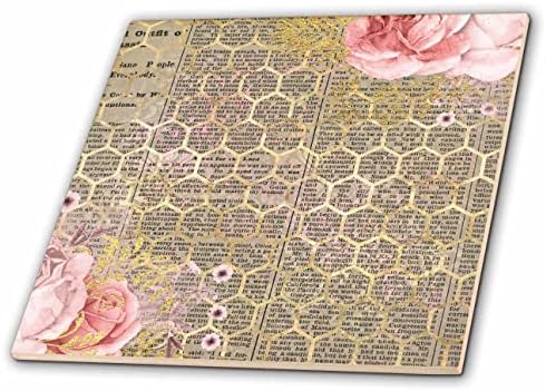 3drose NewsPrint e imagem de colagem floral rosa de favo de ouro - azulejos