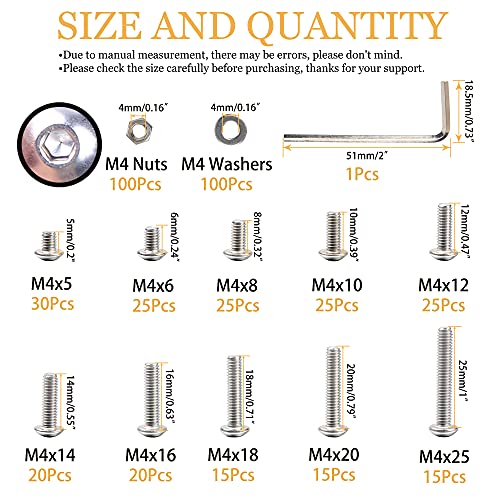 405pcs kit de variedade de parafuso de máquina M4x5/ 6/8/10/21/14/16/18/20/ 25mm 304 Aço inoxidável Setor de soquete da cabeça