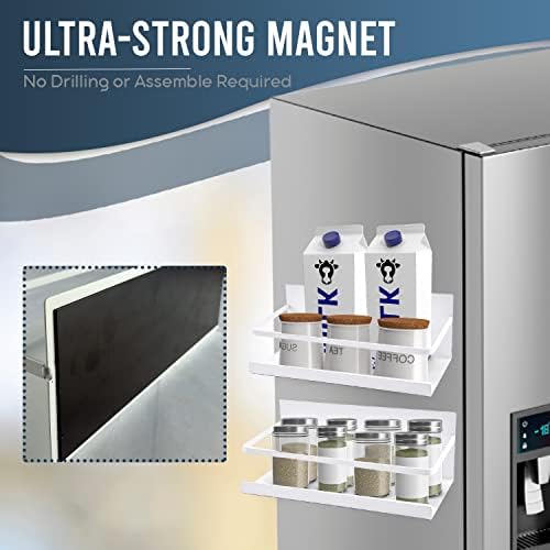 Vlish Magnetic Spice Shelf Rack para geladeira - Organizador de metal branco, branco, organização de armazenamento de especiarias