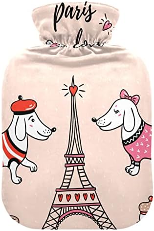 Garrafas de água quente com cães de capa Eiffel Tower Hot Water Bag para alívio da dor, cólicas menstruais, bolsa de água morna 2 litros