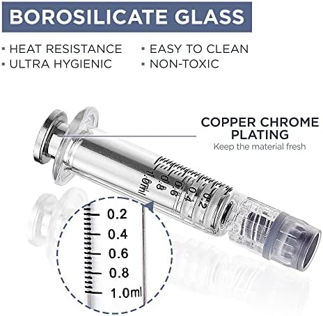Bitomic 1ml Borossilicate Glassing com êmbolo de metal prateado | 100 pacote | Seringa de trava Luer Anti-Leak sem agulha
