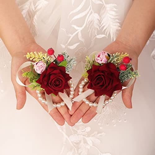 Kercisbeauty Red Rose Flower Corsage Pulseira de pérolas para dama de dama de noiva e meninas de flores Cadeia de pulso feita à mão