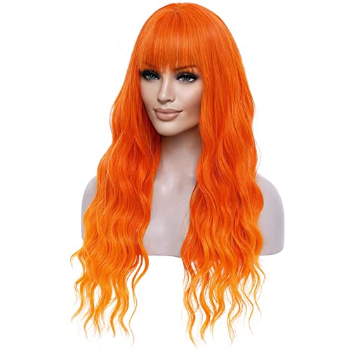 Wigs Wigs Orange Wigs Long Wavy Wig com franja 28 polegadas perucas sintéticas encaracoladas para Cosplay Party Wigs Wig Cap incluído