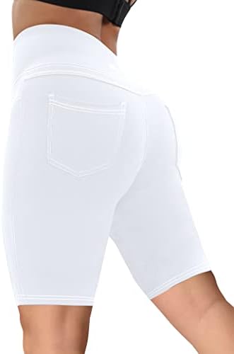 Vooveeya 5 /8 Shorts de bicicleta de ioga de cintura alta com bolsos para mulheres - Buttlet Lifting Workout Spandex Booty Gym Shorts