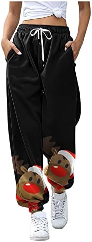 Wocachi Mulheres de Natal Imprimir calça de moletom de cintura alta calça de perna larga calça bolso calças esportivas atléticas