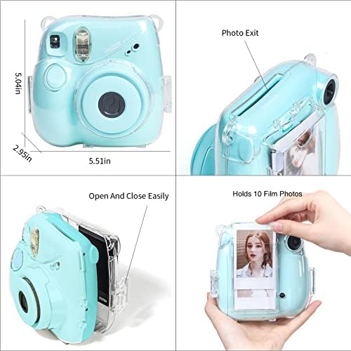 CAIYoule Clear Case para Fujifilm Instax Mini 7+ Plus Caso de proteção da câmera com bolso de armazenamento de foto traseiro, espelho de selfie, adesivos e alça de ombro ajustável