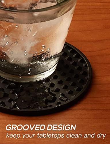 Coasters de silicone pretos para bebidas conjunto de 6 com suporte, fácil de limpar, proteção de mesa, não deslizamento,