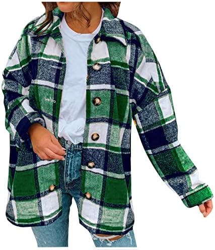 Camisetas xadrez de manga comprida feminina tuianres botão de lapela de flanela para baixo jaqueta de barracão de barracão no meio