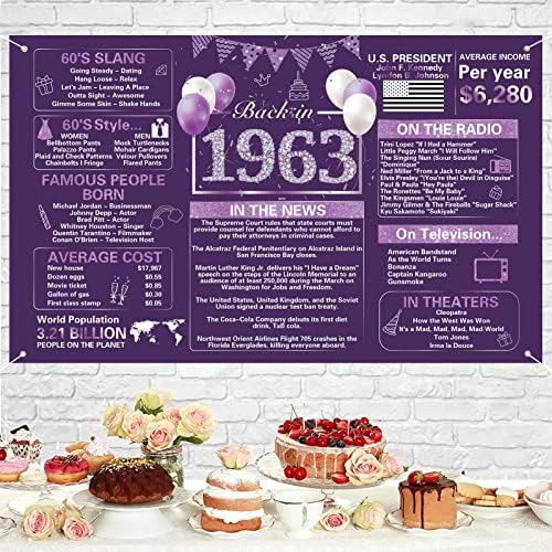 Crenics Purple 60th Birthday Decorações para mulheres, Vintage em 1963 Banner de 1963 Banner, Large 60 anos de aniversário