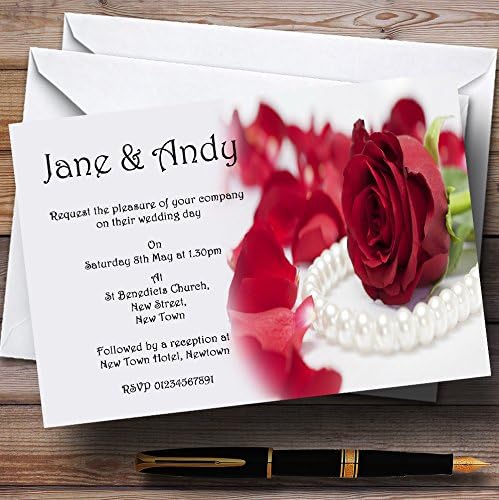 Convites de casamento personalizados de rosa vermelha de pérolas brancas