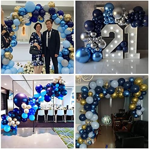 Kit de guirlanda de balão azul e dourado, arco de balão de festa de ouro azul de 101pcs marinho com balões de látex azul de ouro metálico com balões de hélio real azul e ouro para decorações de formatura no casamento