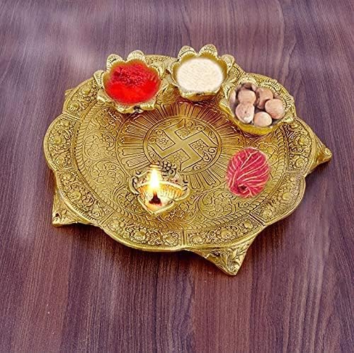 Sawcart Pooja Thali Platter com 3 tigela anexa e 1 placa de puja de metal para casa e escritório Mandir Puja Room Diwali