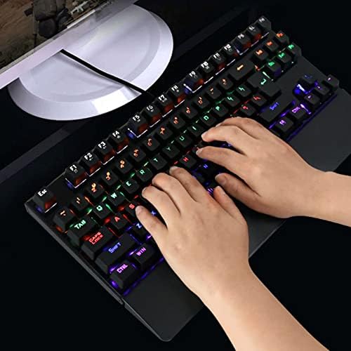 Teclado de jogos mecânicos hEOYZOKI, teclado mecânico de chaves azul 87 com descanso de pulso, teclado de computador com fio ergonômico rgb colorido RGB