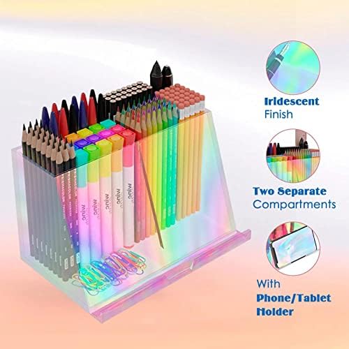 Holder de caneta acrílica | Organizador de lápis de acrílico iridescente 2D, copo, suporte de pincel de maquiagem transparente