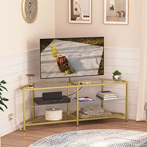 Hoobro Corner TV Stand com saída para TVs de até 65 , Modern 55 polegadas Tabela de console de vidro temperado com prateleiras abertas