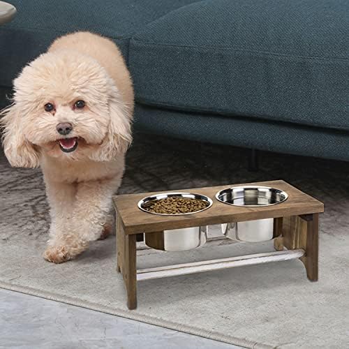 Mygift Rússico de madeira queimada de madeira maciça alimentador de cães tigela de comida elevada para cães pequenos e médios, inclui 4 tigelas de aço inoxidável, 16 x 6,5 polegadas