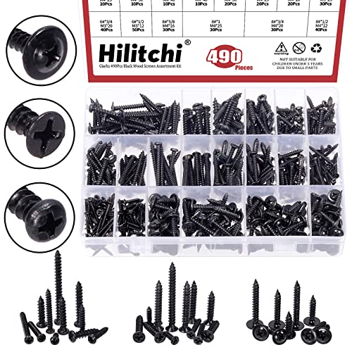 Hilitchi 490pcs 21 tamanhos parafusos de madeira de aço carbono kit de sortimento de madeira preta, 6810 Cabeça plana/cabeça