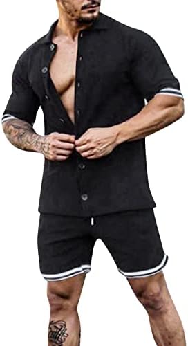 Moda de 2 peças de verão de primavera masculina conjunta de linho de manga curta de praia e calça curta com cara de cosplay preto