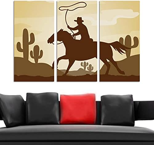 Arte de parede para sala de estar, pintura a óleo sobre tela grande silhueta emoldurada Cowboy Riding Artwork para decoração de quarto de casa 24 x48
