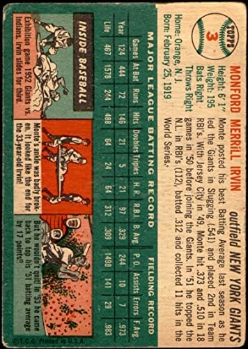1954 Topps # 3 WHT Monte Irvin New York Giants Poor Giants