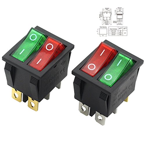 Magic & Shell 2-Pack Rocker Power Switch 16A 250V AC 6 pino 2 Posição On/Off Power Switch DPDT Red Green Button com luz