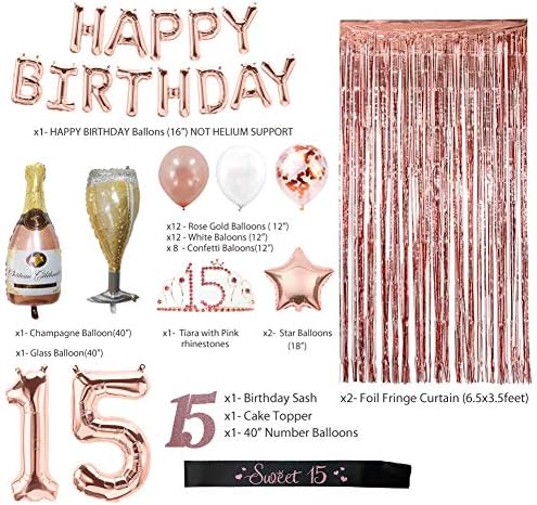 Decorações de 15º aniversário de ouro rosa para meninas, decorações de quinceanera, suprimentos de festa de 15 anos para ela incluem cortinas de franja, balões de feliz aniversário, tiara e faixa de aniversário, topper de bolo