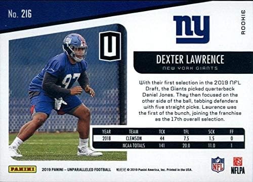 2019 Panini sem paralelo 216 Dexter Lawrence RC novato New York Giants NFL Football Trading Card