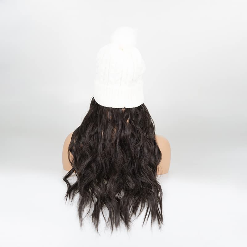 Hosytis gaiol peruca, extensão de cabelo de chapéu longa ondulação de chapéu branco encaracolado com chapéu de pom de pele falsa, chapéu de peruca anexado 20 polegadas de cabelo sintético para mulheres inverno