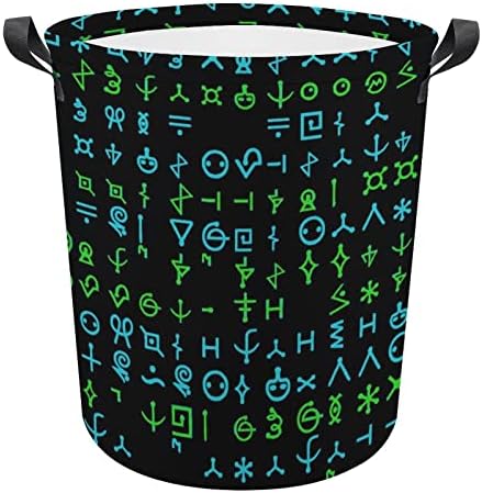 Alien Hieróglifos Símbolos Cesto de Lavanderia com alças Round Round Round Collapsible Laundry Horper Storage Basket para banheiro do quarto