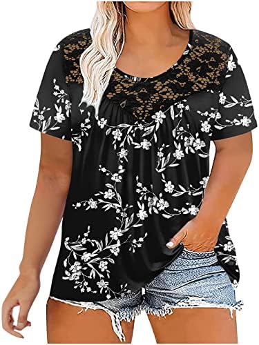Camisetas de renda floral casual e casuais as camisetas oculam blusas de barriga soltas no pescoço redondo de manga curta