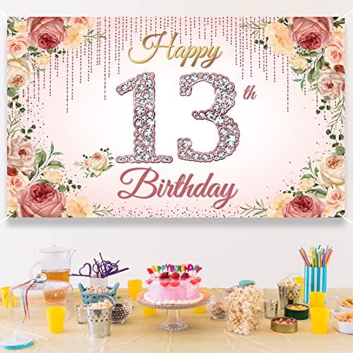 Htdzzi decorações de 13º aniversário, ouro rosa Feliz Banner de 13º aniversário de 13º aniversário para meninas, Floral rosa Festa de