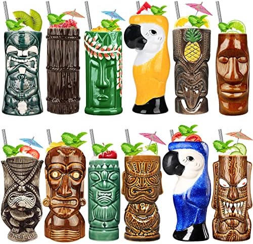 Conjunto de coquetéis de canecas tiki de 12 - xícaras de festas havaianas de cerâmica, coquetéis exóticos fofos havaianos, bares