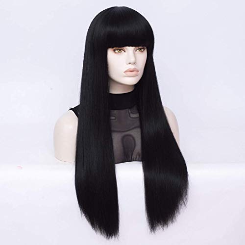 Morticia Long Black Wig com Bang Longo Longo Longo Pelucas Black Pelucas Costum Selena Figurino Mulheres Perucguir