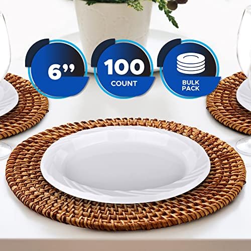 Placas de plástico descartáveis ​​premium Pami [Pacote de 100]- Placas de festa branca de 6 ”para sobremesas de jantar Aperitórias-