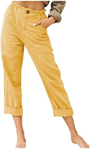 calças de linho lcepcy para mulheres, buttons elásticos sólidos calças de perna reta larga de perna lisas de cintura