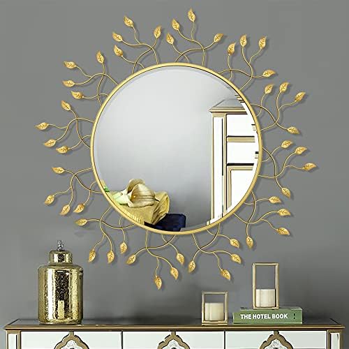 Chende grande espelho para decoração de parede, espelho de parede decorativo redondo para sala de jantar com folhas removíveis, borda chanfrada e moldura de metal, espelho de sotaque moderno para decoração de casa