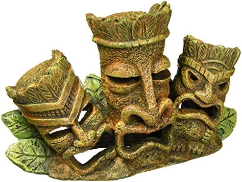 Ornamento de aquário da tribo Penn-Plax RRT4 Tiki | Item de decoração de resina divertida com 3 rostos para uma aparência