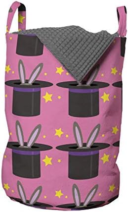 Bolsa de lavanderia mágica de Ambesonne, orelhas de coelho em chapéus e estrelas repetindo padrão em cores, cesta de cesto com alças