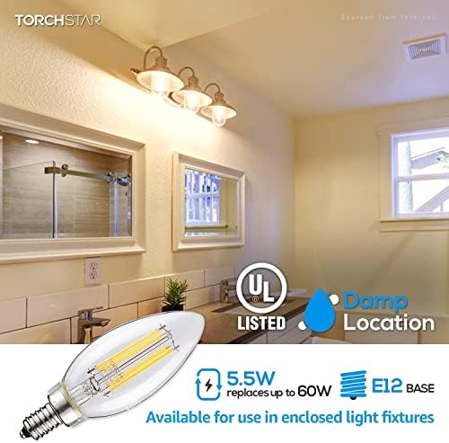 Torchstar E12 Bulbos de candelabra diminuem, B11 LED LED Bulbo de ventilador de teto vintage, 5,5W, 600lm, UL listado,