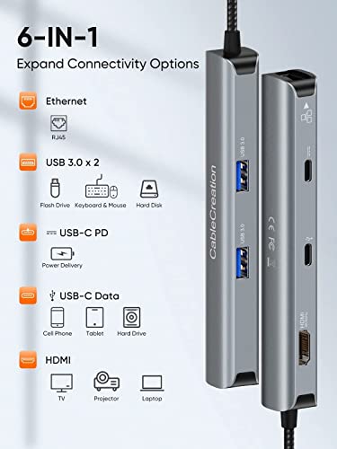 Cablecreation 6 em 1 hub USB-C com portas USB-C, duas portas USB C para MacBook Pro/Air, iPad Pro/Air/Mini 6, Surface Pro, XPS+