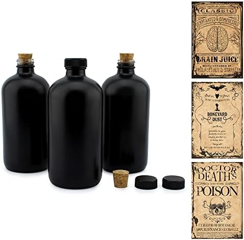 Marcas de Cornucopia preto garrafas de farmacêuticos de vidro de 16 onças; Garrafas redondas de Boston com etiquetas de grife ideal para aromaterapia e bricolage
