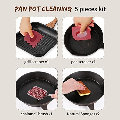5 Pieces Ferro fundido kit de limpeza de pan wok wok ferramenta frigideira esponja esponja esponja esponja de aço inoxidável escova