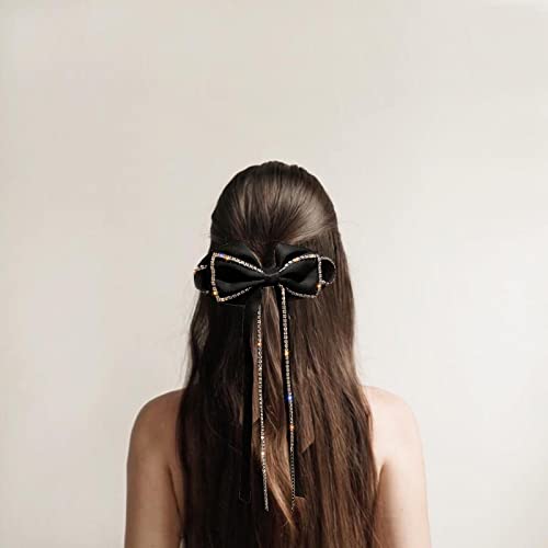 Cabelo de cabelo preto Cabinete de cabelo de strass de arco para mulheres Bowknot com comprimento de cabelo de garra comprido com borla para mulheres e meninas, preto