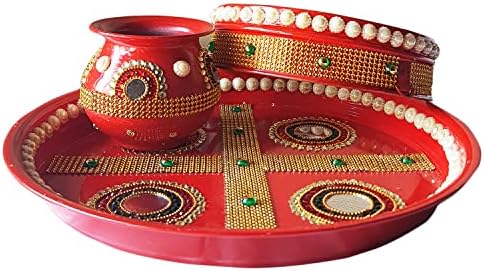 Red Karwa Chauth Puja Thali | DIWALI PRESECIMENTO DE DECORAÇÃO INDIANO PLACOS DE DOLA