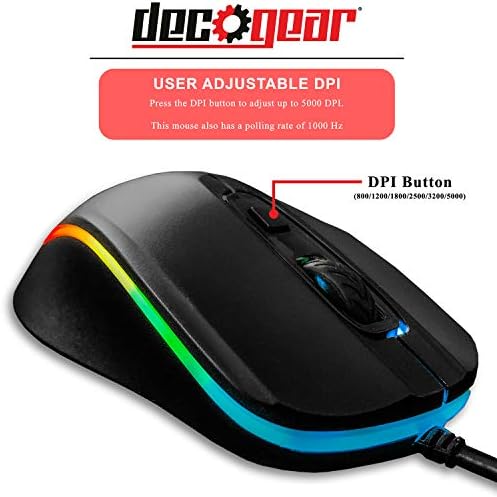 Mouse de jogos com equipamento DECO | 800-5000 DPI ajustável | Mouse óptico de alta precisão | Ergonômico para todas