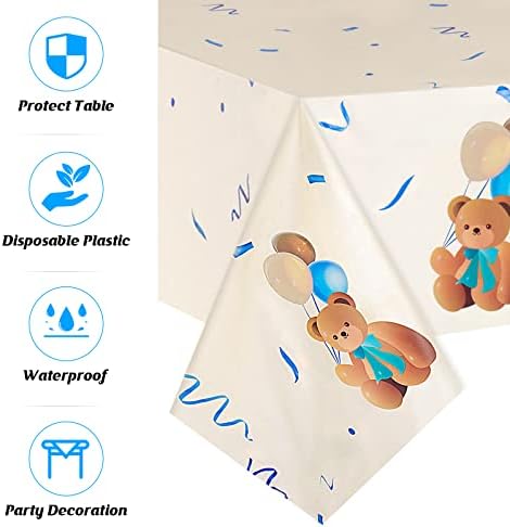 Toca de mesa de chá de bebê de urso 3 maconha - tampas de mesa à prova d'água e de óleo plásticas com balões e fitas de urso - toalhas de mesa de retângulo para revelação de gênero, decorações de aniversário e chá de bebê