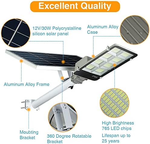 Dengmall 800W LEVias solares LED Lights Outdoor, anoitecer para Dawn Security Inunda Light com controle remoto e poste, sem