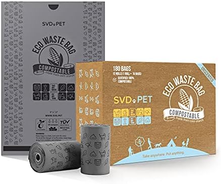 SVD.PET Certificado compostável Eco Sacos de resíduos com alças - Value Pack Sacos de cocô à base de plantas para cães | 180 Sacos de cocô de cachorrinho sem perfume-Garantia à prova de vazamentos à base de vegetais, à base de vegetais